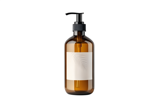 Amber Glass Bottle with Pump Dispenser for Liquid Soap on transparent background