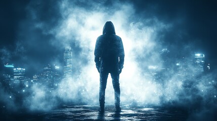 A lone figure stands on a rooftop at night surrounded by glowing skyscrapers