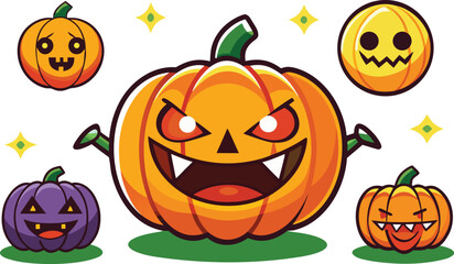 Cute Halloween carved pumpkin clipart sheet with different expressions.