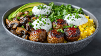 Delicious bowl featuring meatballs, vegetables, and creamy toppings.