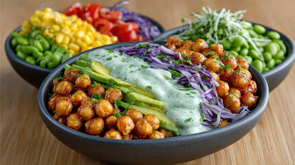 Healthy bowl of colorful vegetables and grains on a wooden table.