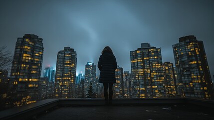 A lone figure stands on a rooftop at night surrounded by glowing skyscrapers