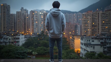 A lone figure stands on a rooftop at night surrounded by glowing skyscrapers