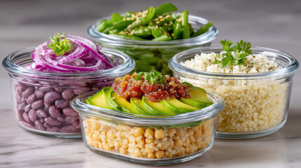 Colorful bowls of fresh vegetables and grains arranged neatly.