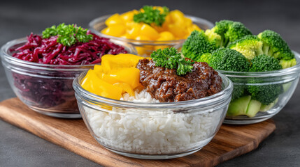 Colorful bowls of healthy food on a wooden board.