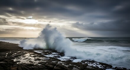 Ocean Wave Crashes on Rocky Shore