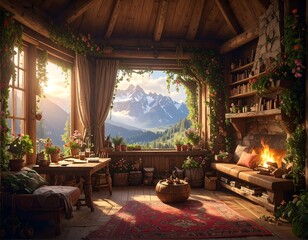 Cozy wooden cabin interior with mountain view, fireplace and bookshelf