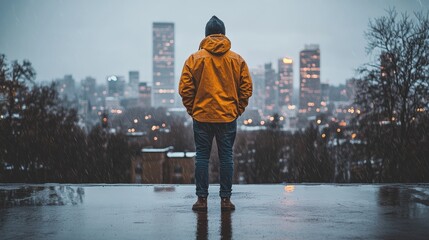 A lone figure stands on a rooftop at night surrounded by glowing skyscrapers