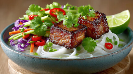 Delicious bowl of noodles topped with herbs and fried tofu cubes.