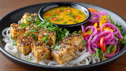 Delicious dish with noodles, herbs, and dipping sauce on a black plate.