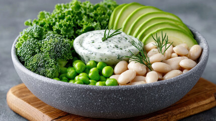 Fresh salad bowl with greens, beans, and a creamy dressing.