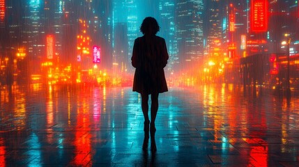 A lone figure stands on a rooftop at night surrounded by glowing skyscrapers