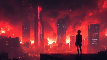 A lone figure stands on a rooftop at night surrounded by glowing skyscrapers