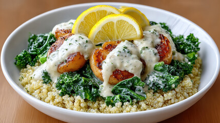 Delicious dish featuring chicken, greens, quinoa, and lemon slices.