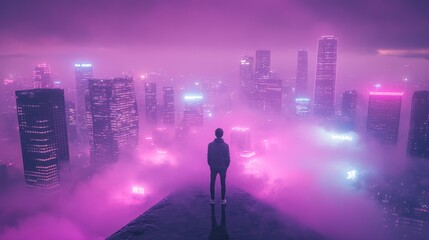 A lone figure stands on a rooftop at night surrounded by glowing skyscrapers