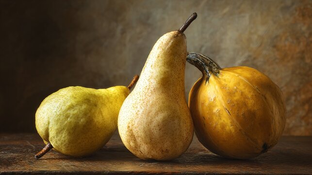 Pear and squash still life with natural window lighting and shadows