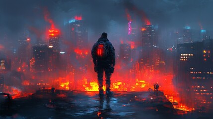 A lone figure stands on a rooftop at night surrounded by glowing skyscrapers