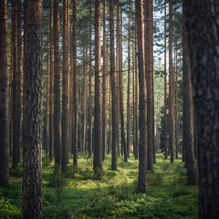 Fototapeta premium The serene forest scene features tall pine trees with brown and gray bark, green needles, and lush moss, with sunlight filtering through for a peaceful atmosphere.