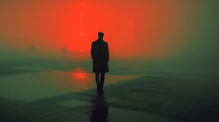 A lone figure stands on a rooftop at night surrounded by glowing skyscrapers