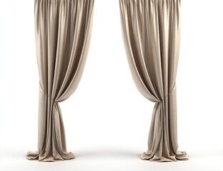 Two beige, pleated curtains, slightly parted, stand on a white background, showing luxurious fabric texture and subtle folds