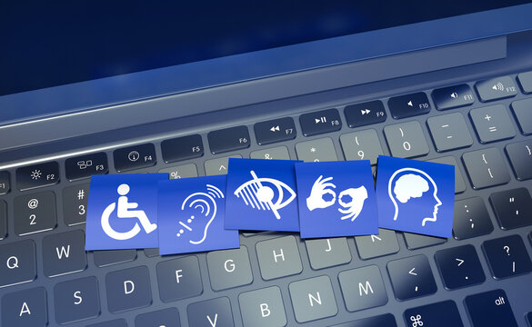 Accessibility Icons on a Laptop: A thought-provoking image of diverse accessibility icons neatly arranged on a laptop keyboard, representing various aspects of digital inclusivity in technology.