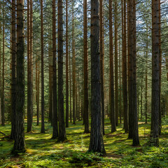 The serene forest scene features tall pine trees with brown and gray bark, green needles, and lush moss, with sunlight filtering through for a peaceful atmosphere.