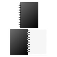 Realistic spiral sketchbook vector mockup with blank black cover close and open white page isolated on clean background top view, stationery painting product presentation, art school, draw education.