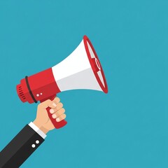Hand holding a red and white megaphone against a blue background, symbolizing announcements, promotions, and communication in a dynamic and attentiongrabbing way