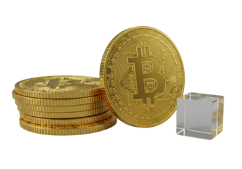 Golden Bitcoin coins (stacked, upright with etching), a glass cube on gray background, diffused light, 45-degree angle, sharp focus, digital currency concept