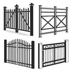 Collection of four distinct black and white silhouette illustrations of various garden and property gates showcasing different styles and designs for entrances and boundaries