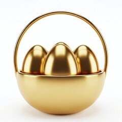 Golden eggs in a basket isolated on white background, symbolizing wealth, prosperity, and the potential for new beginnings, perfect for financial or easter themes