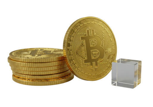 Golden Bitcoin coins (stacked, upright with etching), a glass cube on gray background, diffused light, 45-degree angle, sharp focus, digital currency concept