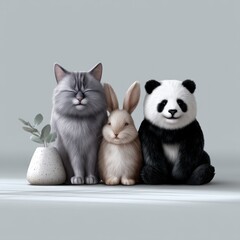 Cute cat, rabbit, and panda sit together