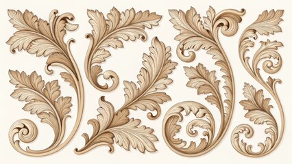 Ornate baroque flourish elements with acanthus leaves and swirls in vintage style isolated on white background