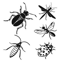 Collection of black silhouette illustrations of various insects including a beetle a mosquito a fly a wasp and a ladybug on a white background