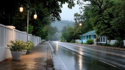 Obraz premium Rainy street scene at dawn