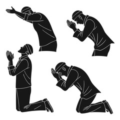 Set of four black silhouette illustrations of a man in prayer depicting various poses of devotion and supplication against a white background