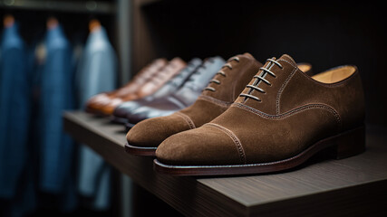 A collection of elegant leather shoes are displayed on a shelf in a dark closet. The different shades and textures convey sophistication.