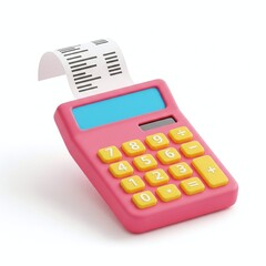 A pink calculator with a blue screen and yellow buttons, printing a receipt, isolated on white background, showcasing financial calculations and business tools