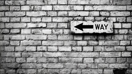 Obraz premium Directional Signage on Weathered Brick Wall, Indicating a Path or Route with a Rustic Aesthetic
