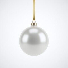 Elegant white christmas ornament isolated on white background, suspended by a golden ribbon, casting a soft shadow, perfect for holiday decoration and festive cheer