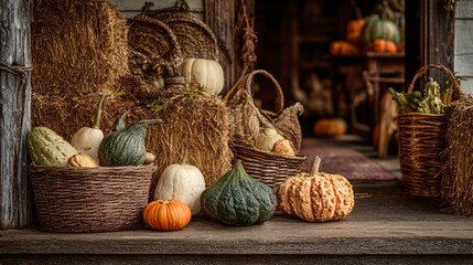 Obraz premium Squash and gourds arranged on a farmhouse porch, hay bales and baskets around, warm tones