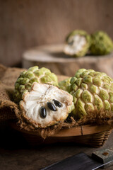 Apple custard on old wood, vintage still life style image.