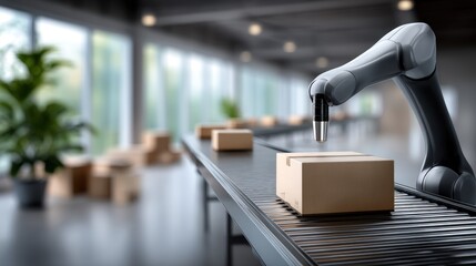 Robotic arm placing a box on a conveyor belt in a modern warehouse