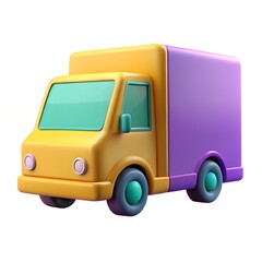 A cheerful cartoon delivery truck with a yellow cab and purple cargo area, isolated on white background, symbolizes logistics, transportation, and modern commerce