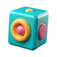 A vibrant and playful 3d rendering of a fidget cube isolated on white background, showcasing its interactive features and appealing design for stress relief