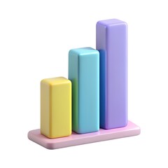 A colorful 3d bar graph isolated on white background, illustrating growth and progress with its ascending columns in yellow, blue, and purple hues