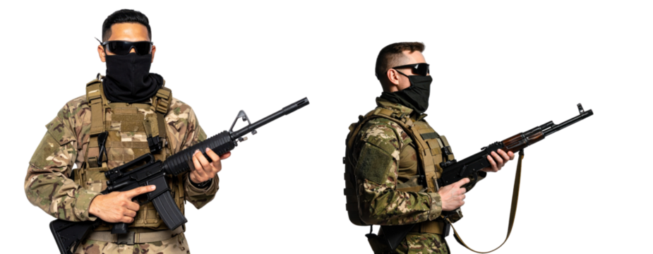 Two Soldiers In Camouflage Uniforms Holding Rifles and Wearing Sunglasses Against a Dark Background - Powered by Adobe