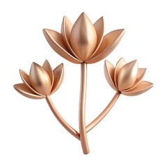 Three golden lotus flowers isolated on white background, symbolizing purity, enlightenment, spiritual awakening, and the beauty of nature in a stylized form
