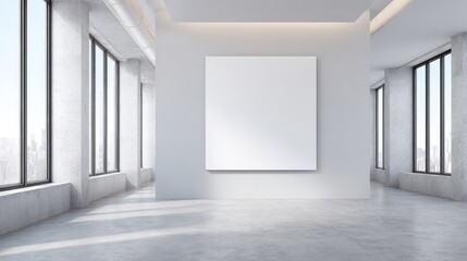 Bright Modern Gallery Interior with Concrete Floors, Large Windows and a Blank White Canvas Ready for Customization